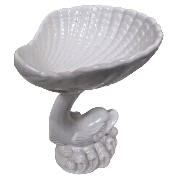 Vintage White Dolphin Fish W/ Raised Shell Dish Bowl Trinket Candy Soap MCM - Picture 2 of 6